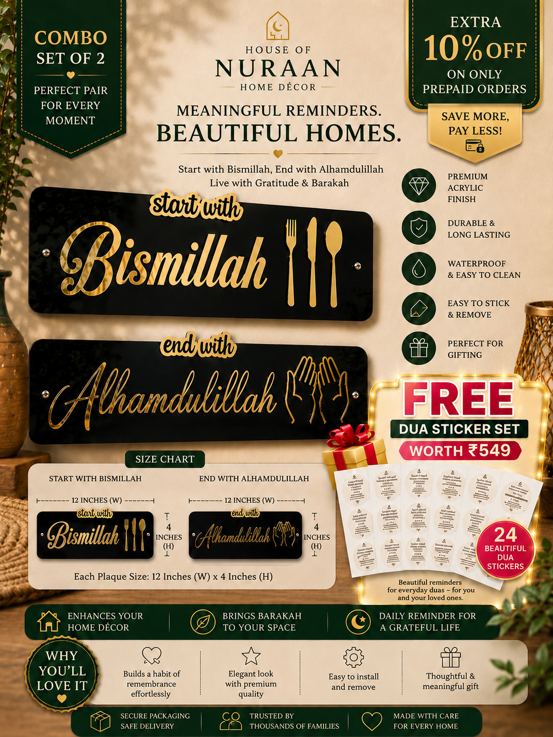 COMBO of Bismillah & Alhamdulillah Premium Dining Wall Art